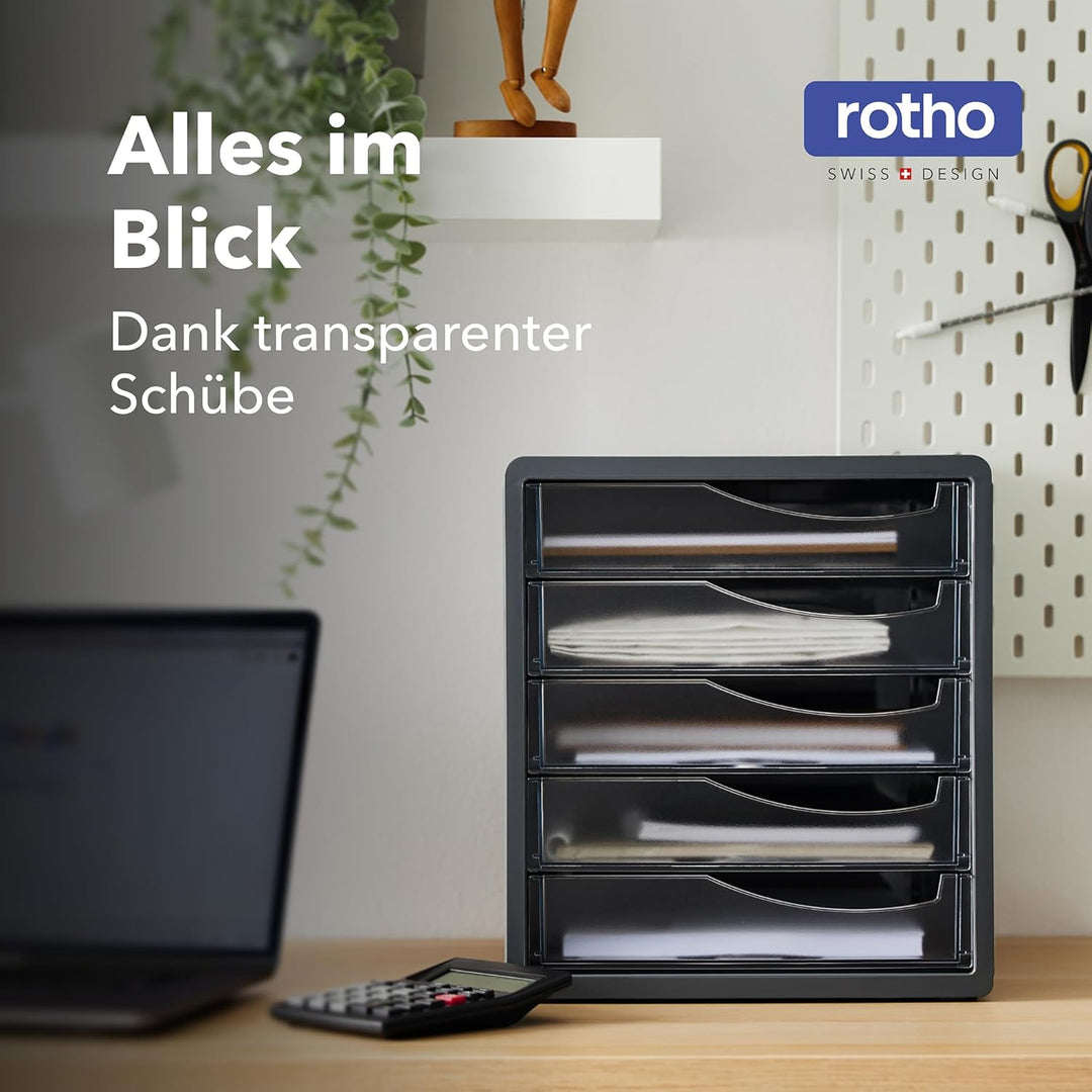 Rotho Spacemaker Schubladenbox / Bürobox mit 5 Schüben, Kunststoff (PS) BPA-frei, transparent/anthra