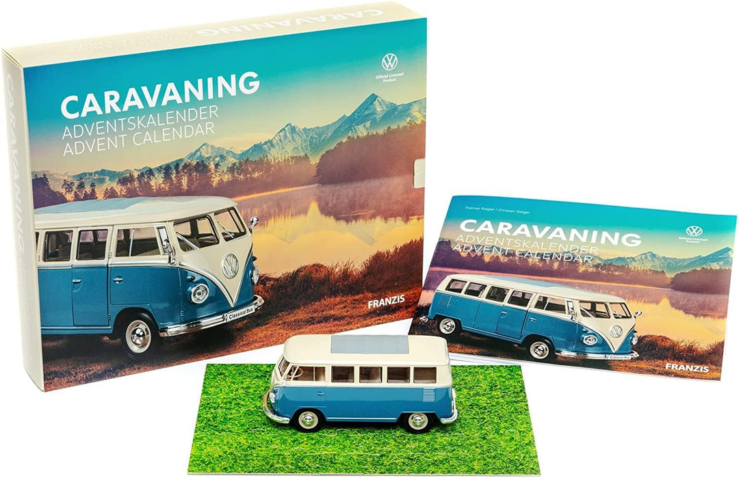 FRANZIS 55115 - Caravaning Adventskalender, VW Bulli T1 Metall Modellbausatz im Massstab 1:24, mit 5