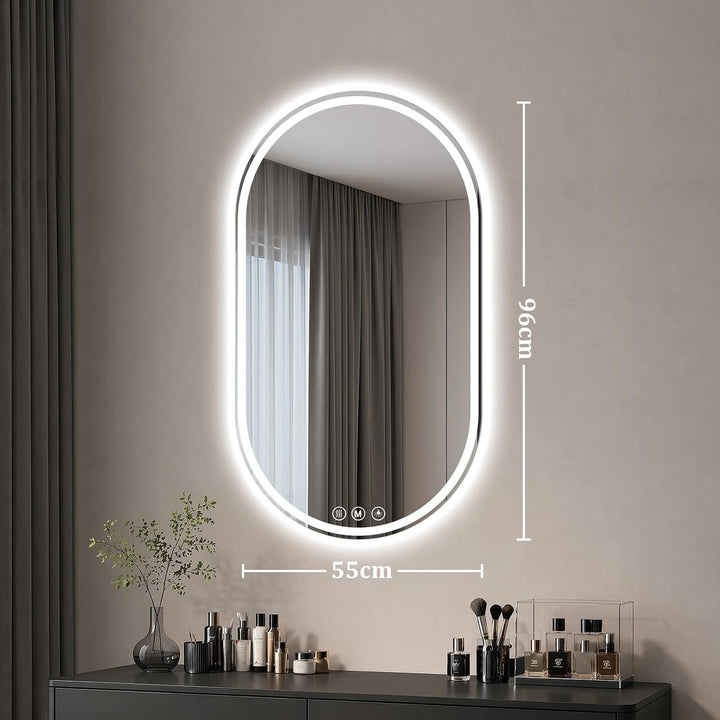 XRAMFY Badspiegel mit Beleuchtung LED 96×55CM Anti-Beschlag Badezimmer Wandspiegel Badezimmerspiegel