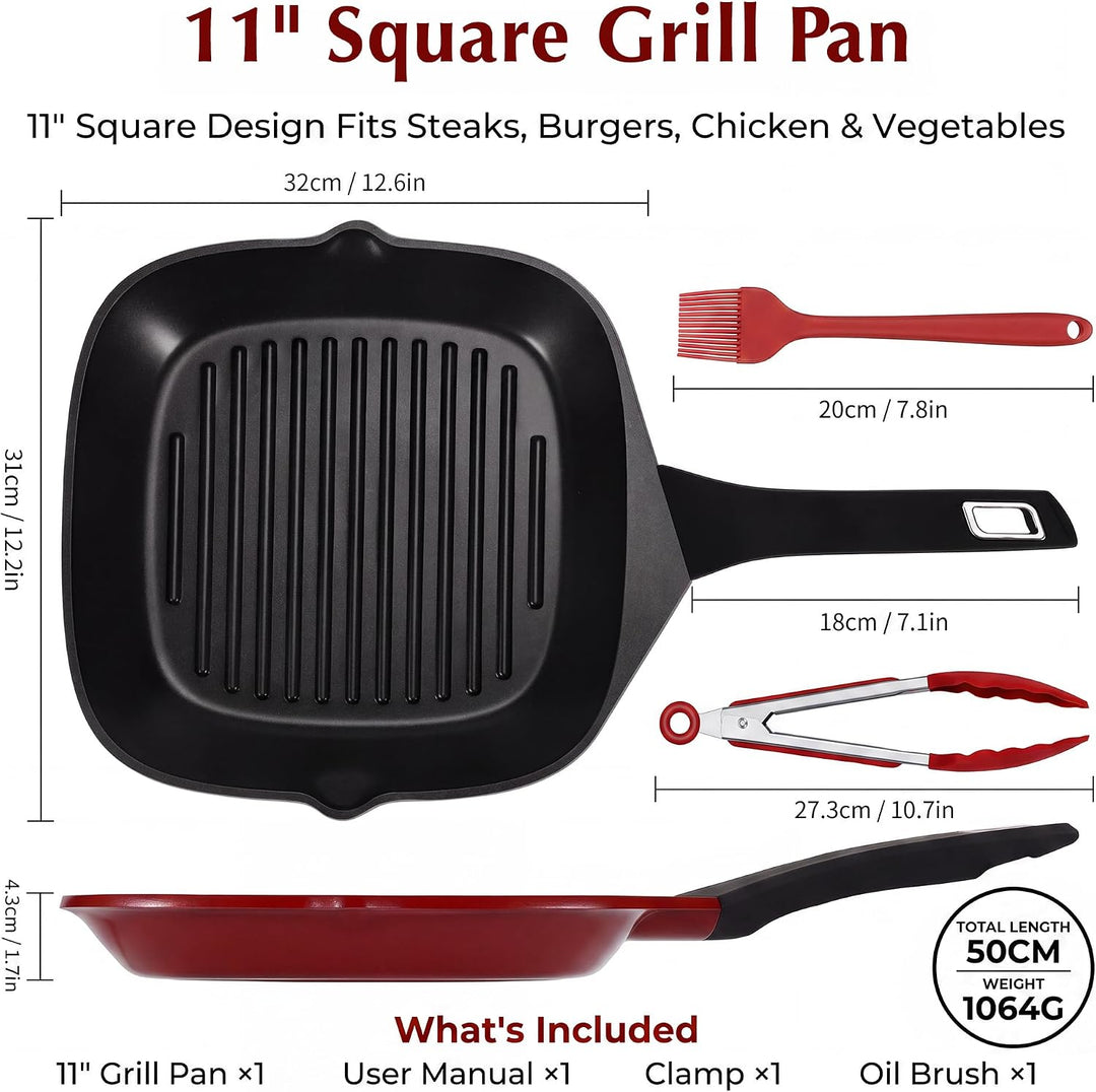 Grillpfanne 28 x 28 cm mit Ausguss, Steakpfanne quadratisch gerillt Antihaftbeschichtetes Aluminium,