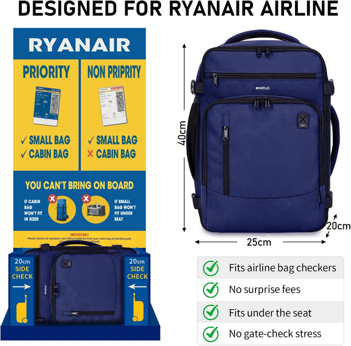 ECOHUB Rucksack 40x20x25 für Ryanair Flugzeug Reiserucksack Handgepäck Gepäck Laptop Daypacks PET-Re