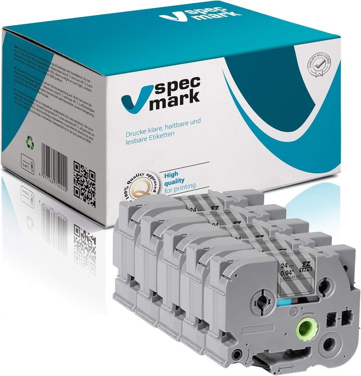 specmark Schriftband TZe-153 24mm x 8m Satz x 5 St. Blau auf Durchsichtig Band kompatibel mit Drucke