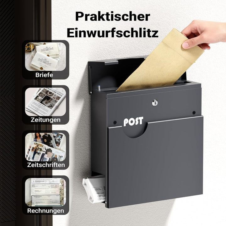 Wiltec Briefkasten Anthrazit V62 aus Stahl 37 x 11 x 37 cm, Wandbriefkasten mit Zeitungsfach und Sch