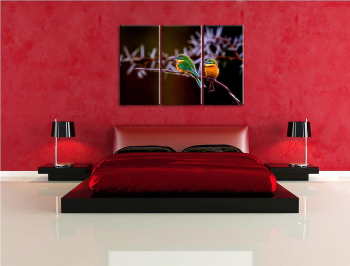 Dark farbenfrohe exotische Vögel auf Ast NewArt 3-Teiler Leinwandbild 120x80 Bild auf Leinwand, XXL