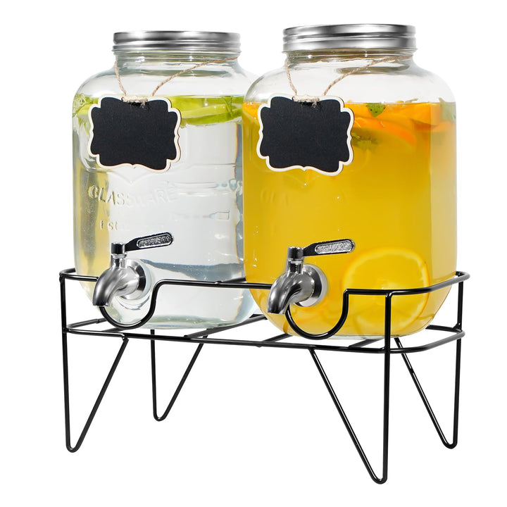 2 x 4L Glas Getränkespender, Getränkespender mit Rostfreiem Wasserhahn, Glas-Wasser-Saft-Spender mit