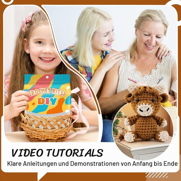LetCartMaker Häkelset für Anfänger, Hochlandkuh Häkelset, Häkel-Starter-Set mit Schritt-für-Schritt-