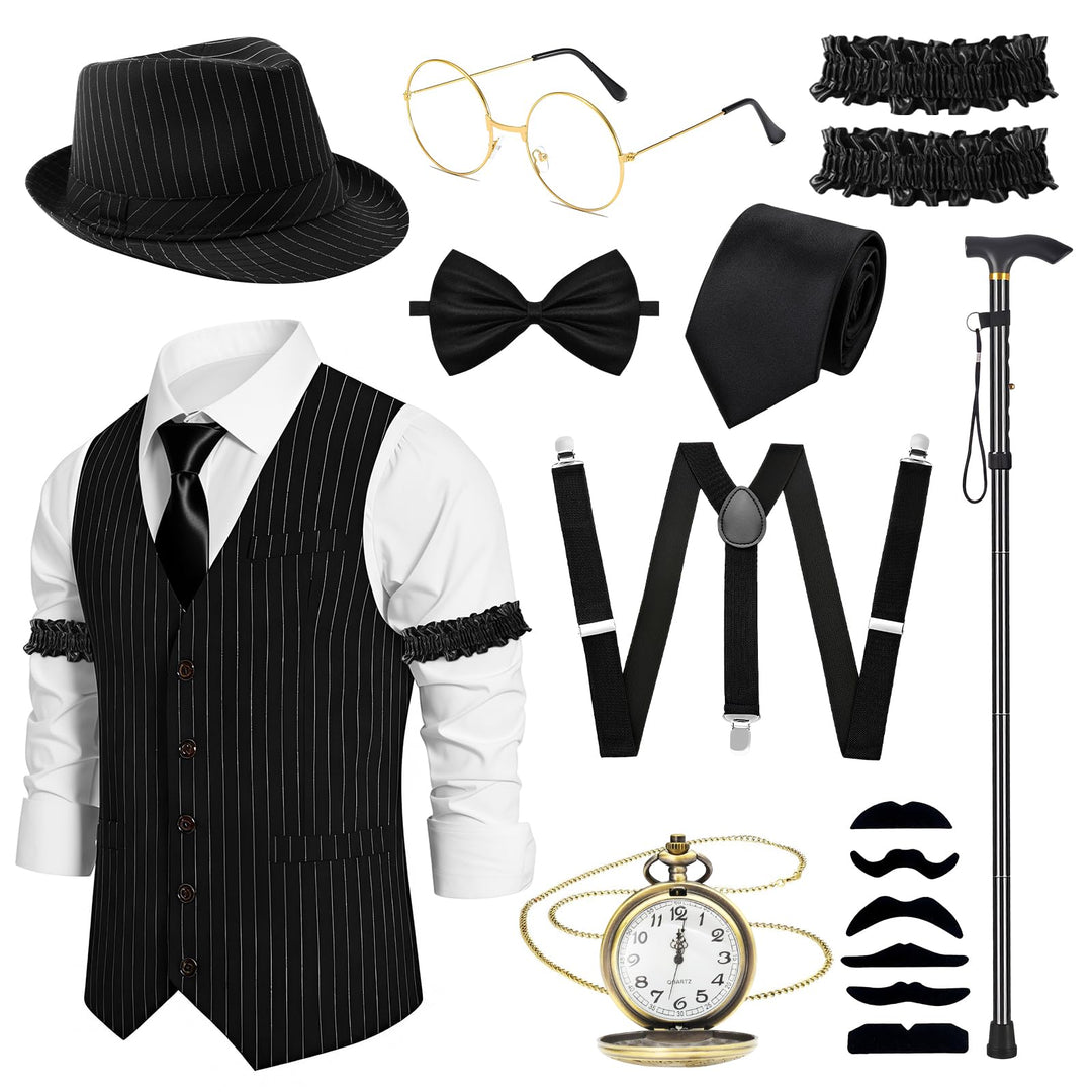 11 Stück 1920er Jahre Herren Gatsby Kostüm Set Weste, Beret, Krücke, Brille, Ärmelstülpe, Hosenträge