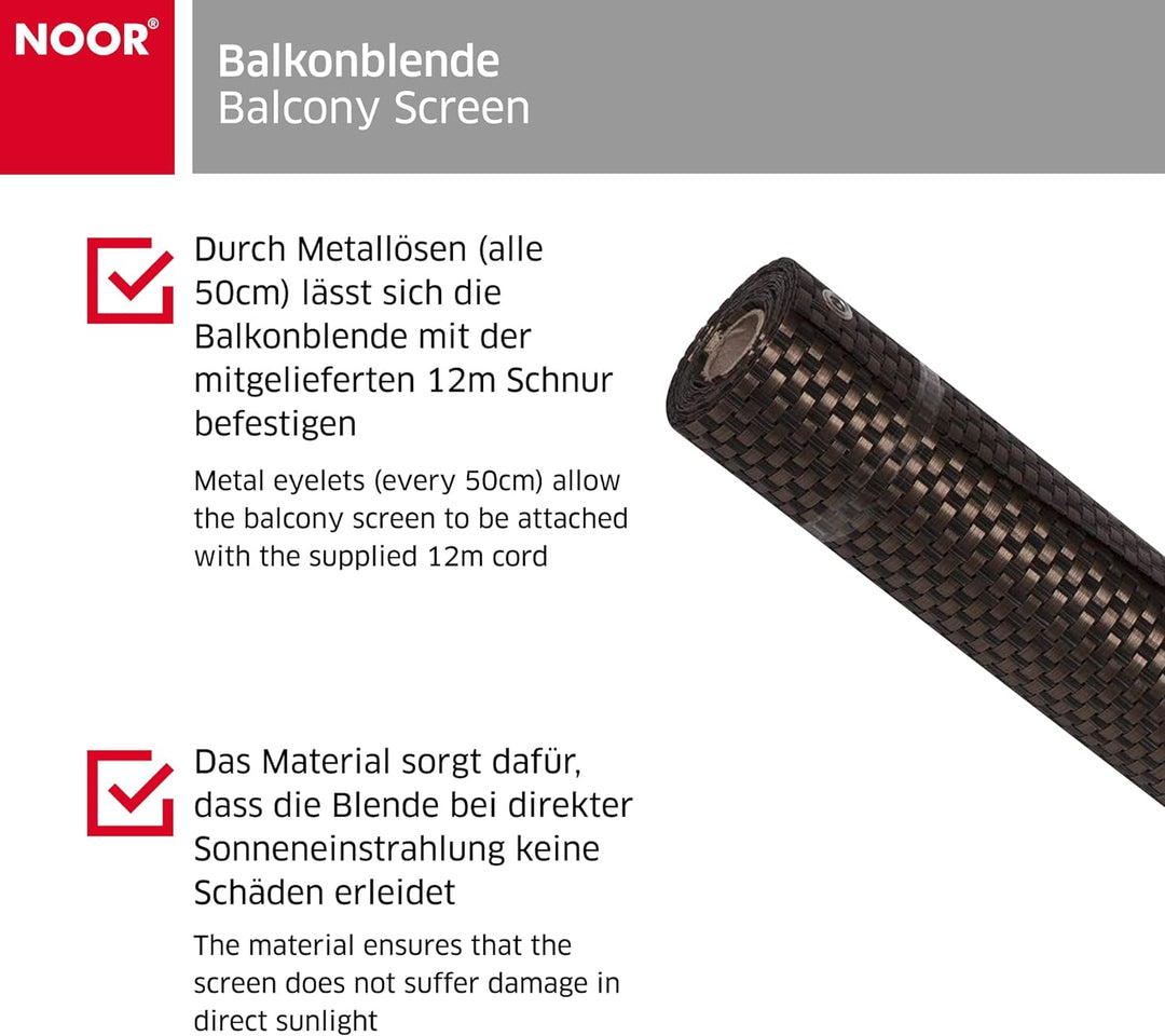 NOOR Balkonblende Exklusiv aus Rattan 0,90 x 3m I Kupferfarbene Sichtschutzmatte mit Ösen für einen