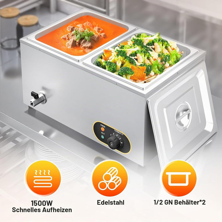 Bain Marie Speisenwärmer Wasserbad Gastro GN-Behältern (GN) 1/2x 2 Warmhalter Edelstahl mit Ablaufha