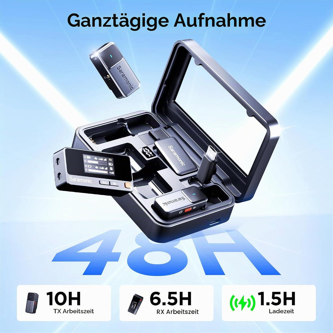Saramonic Air Wirelss Lavalier Mikrofon Handy (2 Sender, 1 USB-C Empfänger, Ladeschale), 48H Akku, M