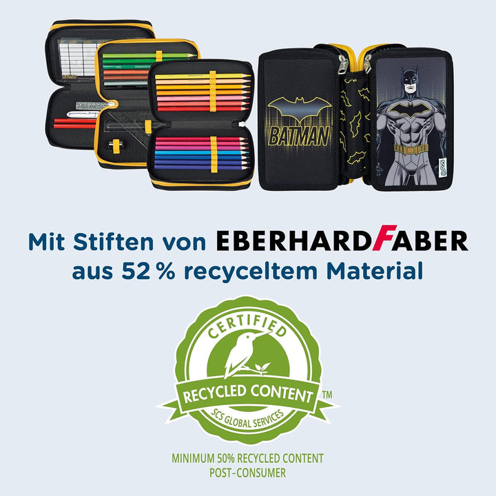 Scooli - Tripledecker Batman - Gefülltes Schüleretui mit hochwertigen Stiften & Zubehör - Ideal für