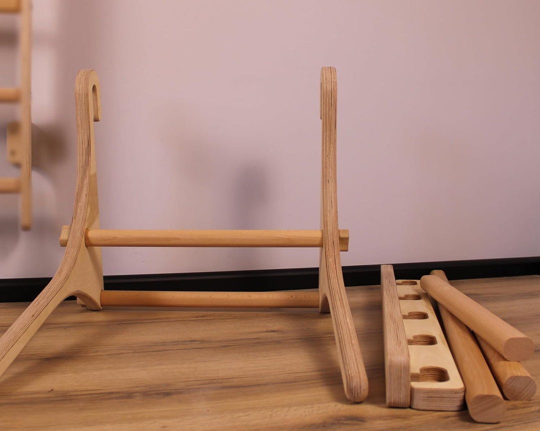 Komplettes Set aus robusten Trainingsgeräten aus Holz: stabile Dip-Stange und Klimmzugstange – 5-stu