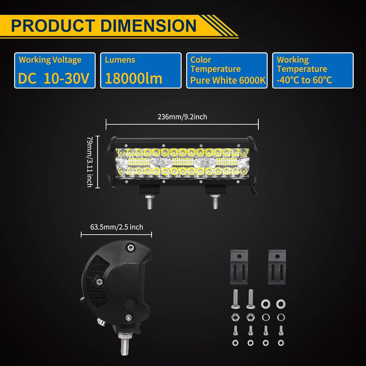 SKYWORLD LED Arbeitsscheinwerfer Bar 22.8cm 180W LED Scheinwerfer 12V 24V Arbeitslicht Zusatzscheinw