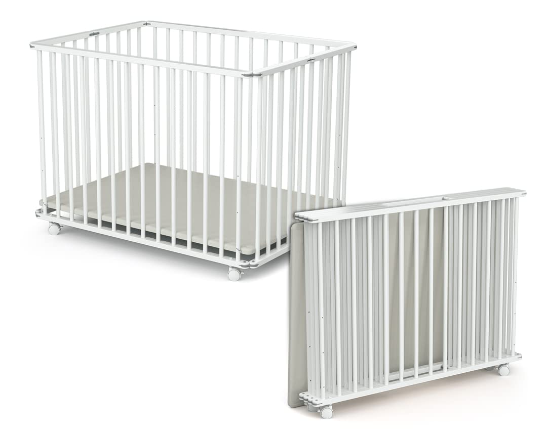 WEBABY - Laufstall Baby Faltbar Holz mit rollen und matte70x100 Weiss | Faltbarer Laufstall | 3 Stuf