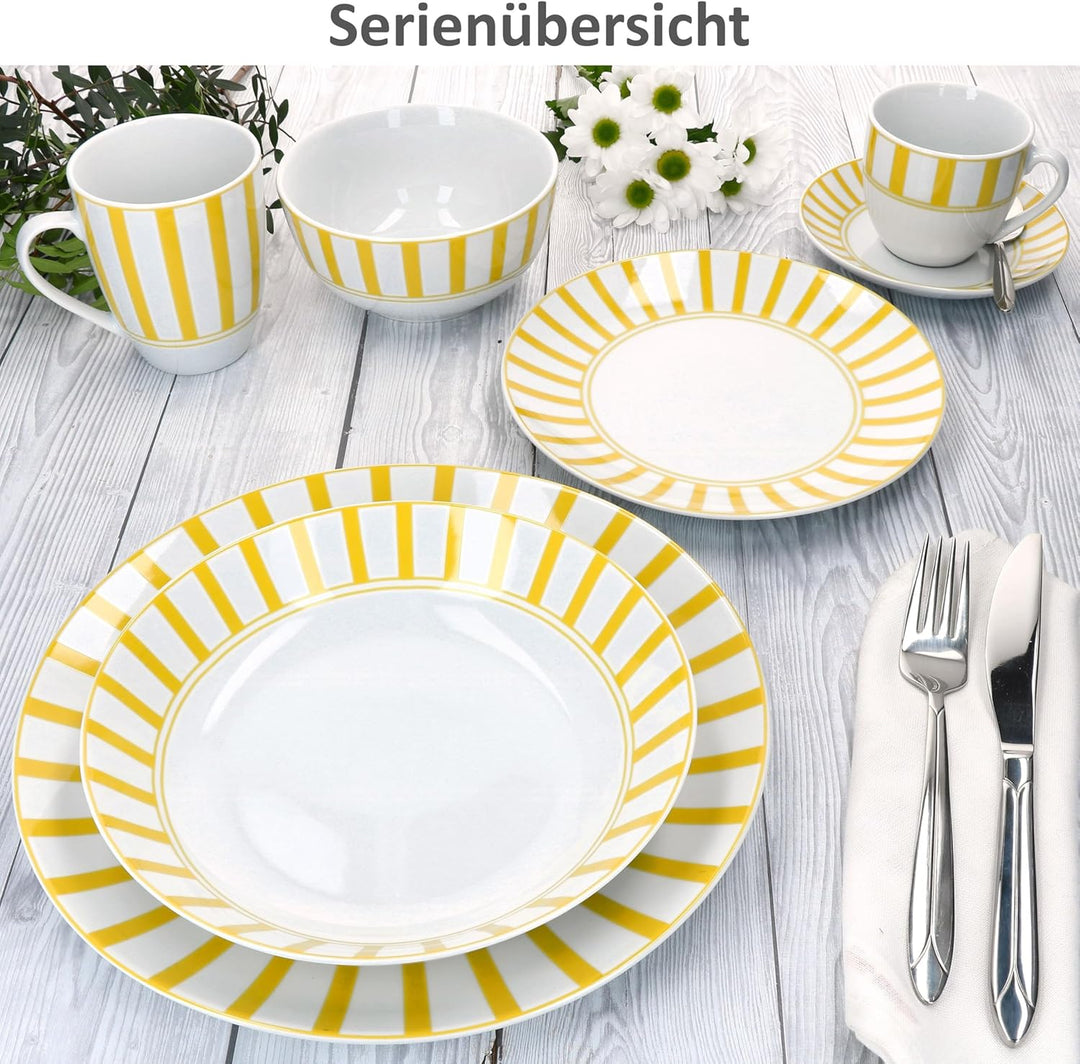 MamboCat Split gelb 6er Set Suppenteller I 450ml I weisses Porzellan-Geschirr mit Streifen für 6 Per