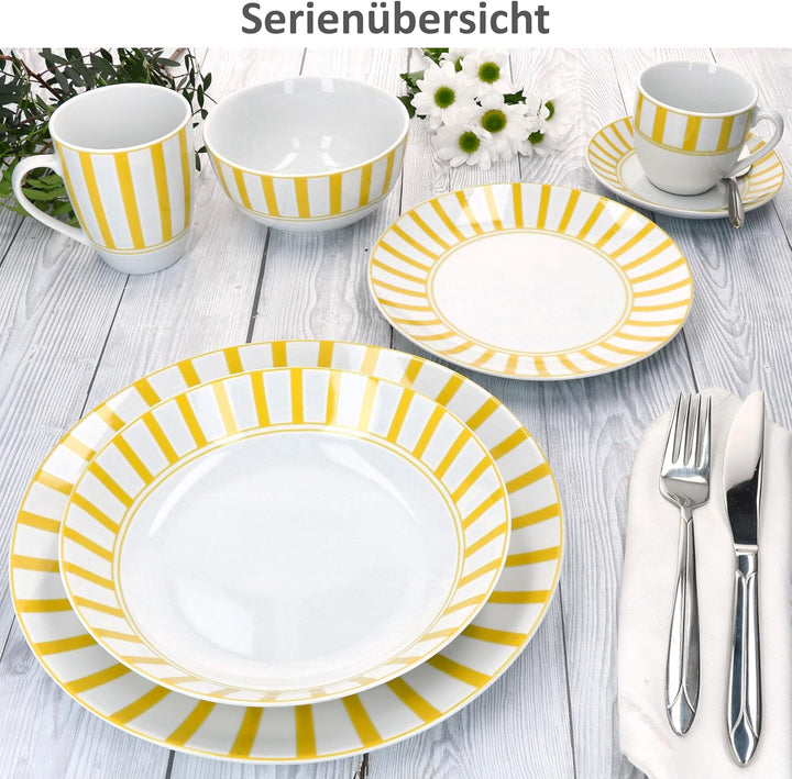 MamboCat Split gelb 6er Set Suppenteller I 450ml I weisses Porzellan-Geschirr mit Streifen für 6 Per