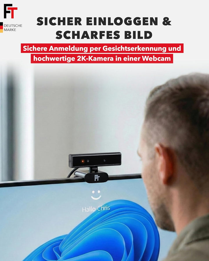 FeinTech FC200 2K Webcam Kamera 5MP für Windows Hello Gesichtserkennung, Webcam