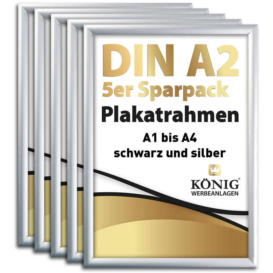 5 Plakatrahmen DIN A2 | 25mm Aluminium Profil, Silber | inkl. entspiegelter Schutzscheibe und Befest