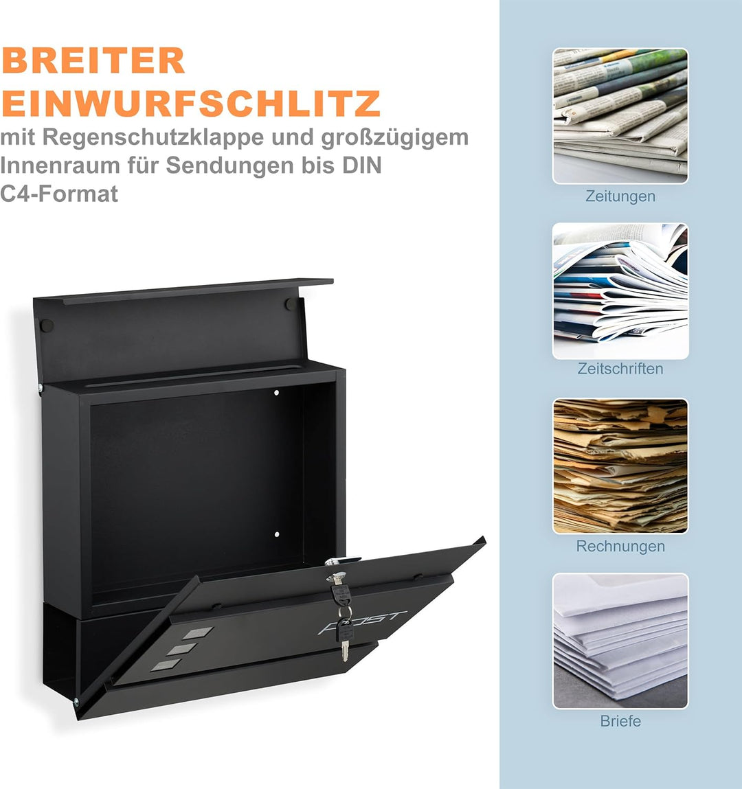 Relaxdays Briefkasten mit Zeitungsfach, HxBxT: 37 x 37 x 12 cm, Eisen, 4 Schlüssel, Postkasten mit A