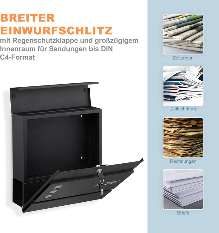Relaxdays Briefkasten mit Zeitungsfach, HxBxT: 37 x 37 x 12 cm, Eisen, 4 Schlüssel, Postkasten mit A