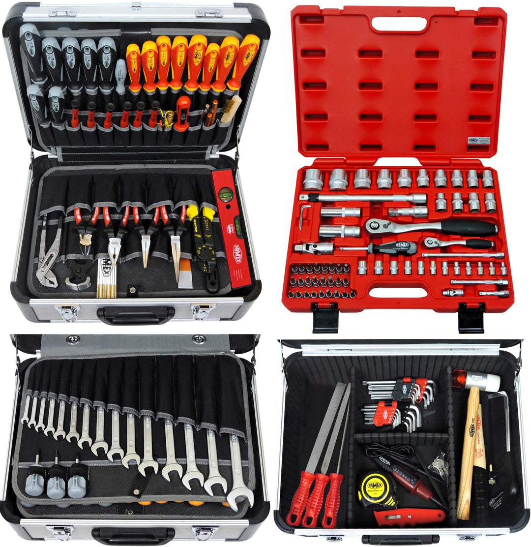 FAMEX 418-18 Profi Alu Werkzeugkoffer mit Werkzeug Set und Steckschlüsselsatz in Top-Qualität - für