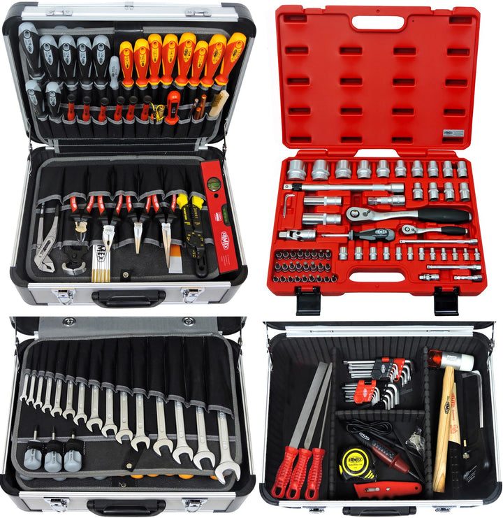 FAMEX 418-18 Profi Alu Werkzeugkoffer mit Werkzeug Set und Steckschlüsselsatz in Top-Qualität - für