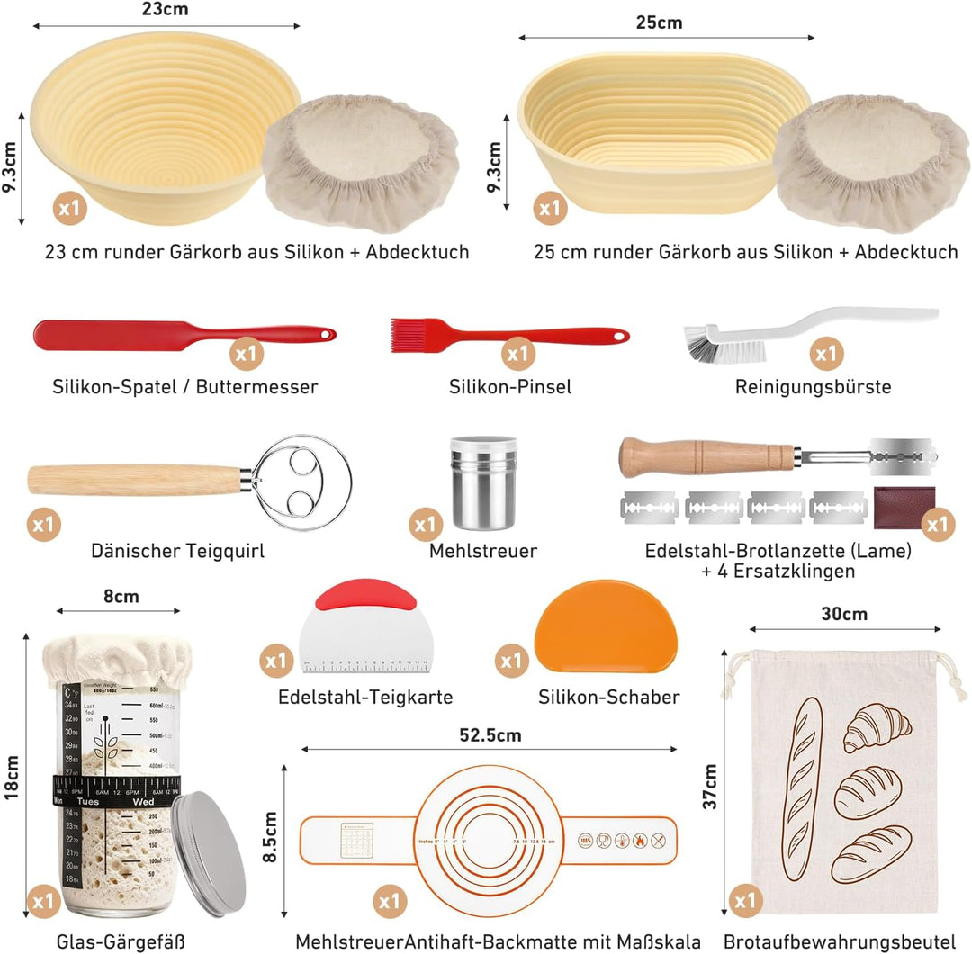 Sauerteig Starter Set 18-teilig,klappbare Silikon Gärkörbe rund+oval | 2 Körbe (rund 23/oval 25 cm),