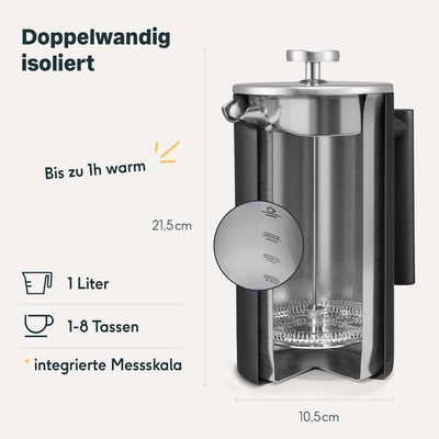 SILBERTHAL French Press Kaffeebereiter 1 Liter - Edelstahl - Doppelwandig Isolierte Kaffeepresse - f