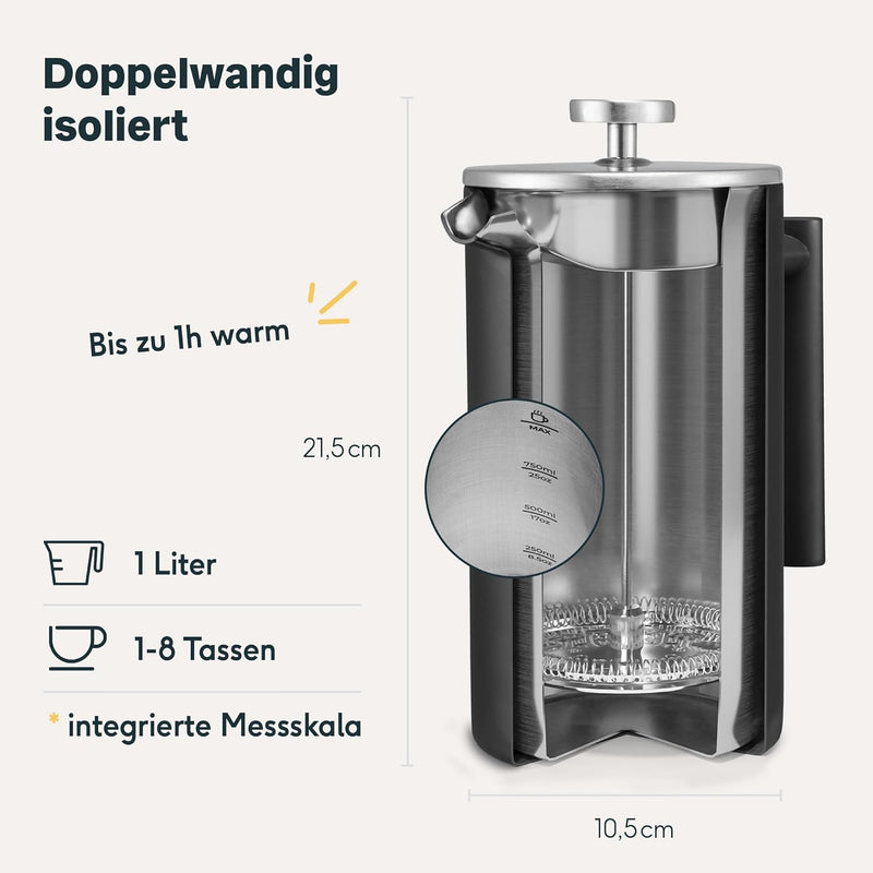 SILBERTHAL French Press Kaffeebereiter 1 Liter - Edelstahl - Doppelwandig Isolierte Kaffeepresse - f