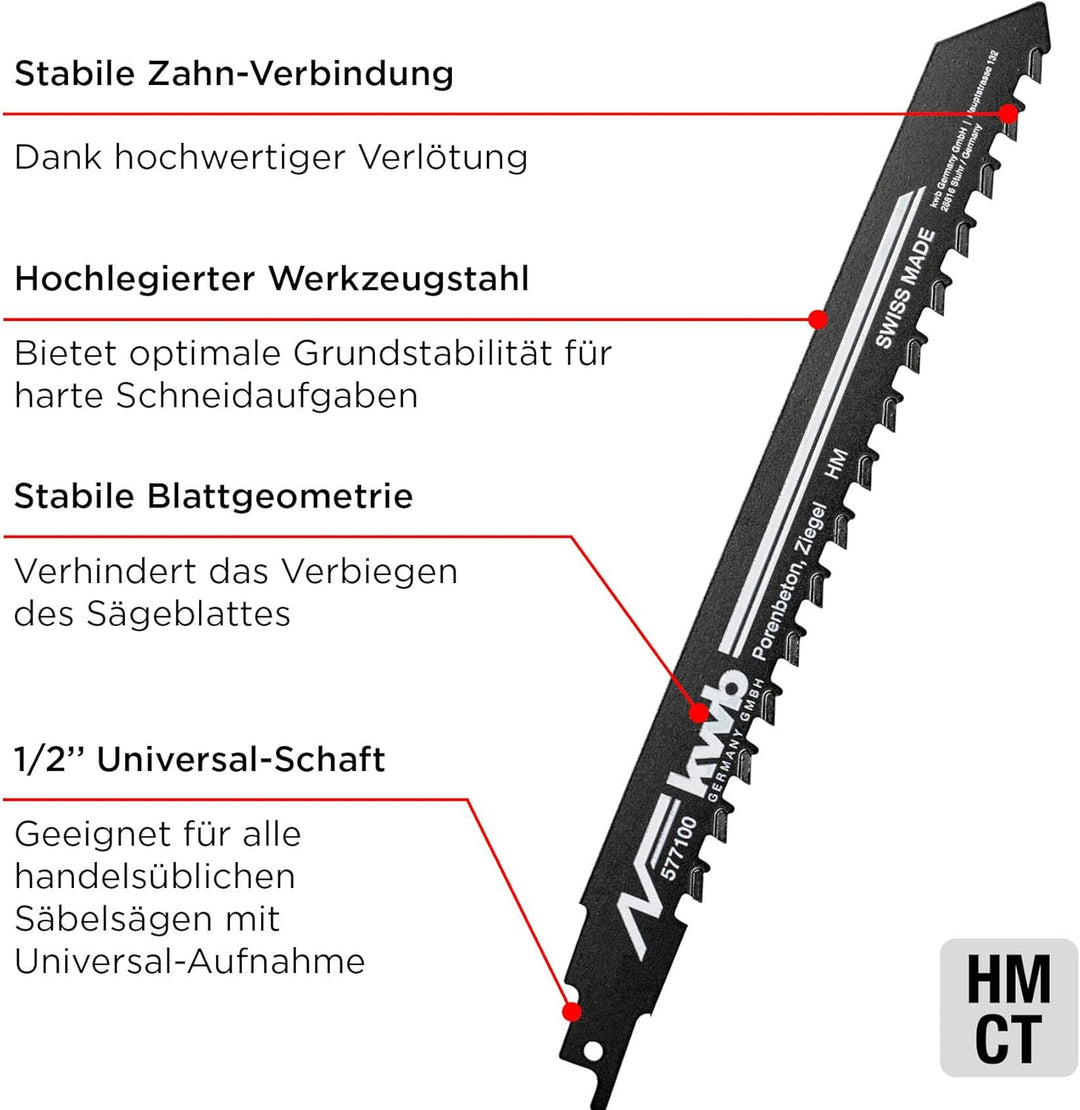 kwb Säbelsägeblätter für Steinbearbeitung, HM Hartmetallzähne, Hochlegierter Stahl, stabile Zahn-Ver