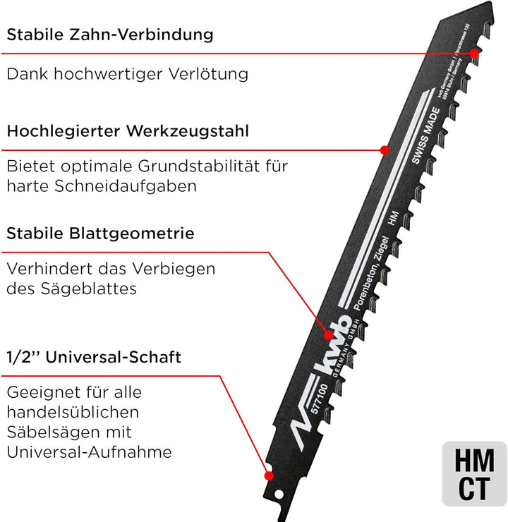 kwb Säbelsägeblätter für Steinbearbeitung, HM Hartmetallzähne, Hochlegierter Stahl, stabile Zahn-Ver
