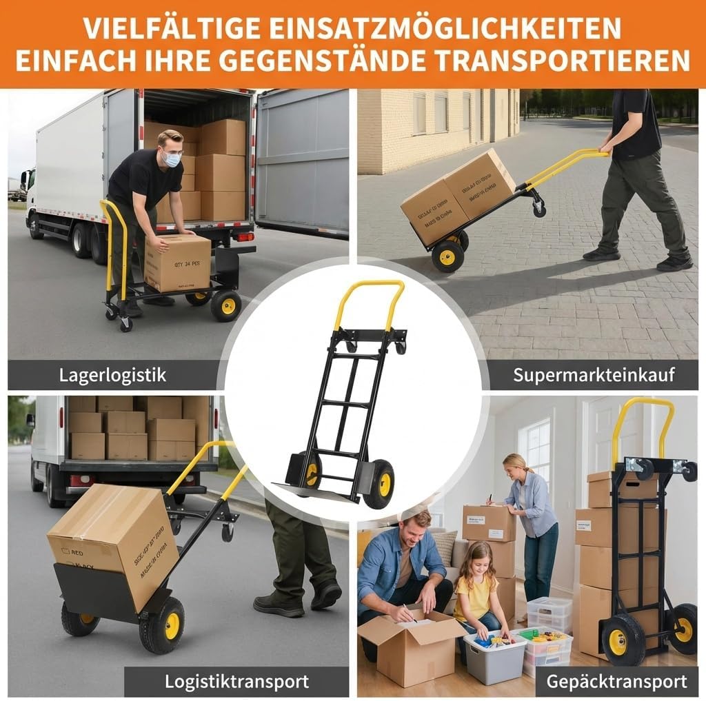 2-in-1 Transportwagen Handwagen Faltbar Mit 4 Pannensicheren Rädern, Schwerlast Tragkraft 362kg – Id