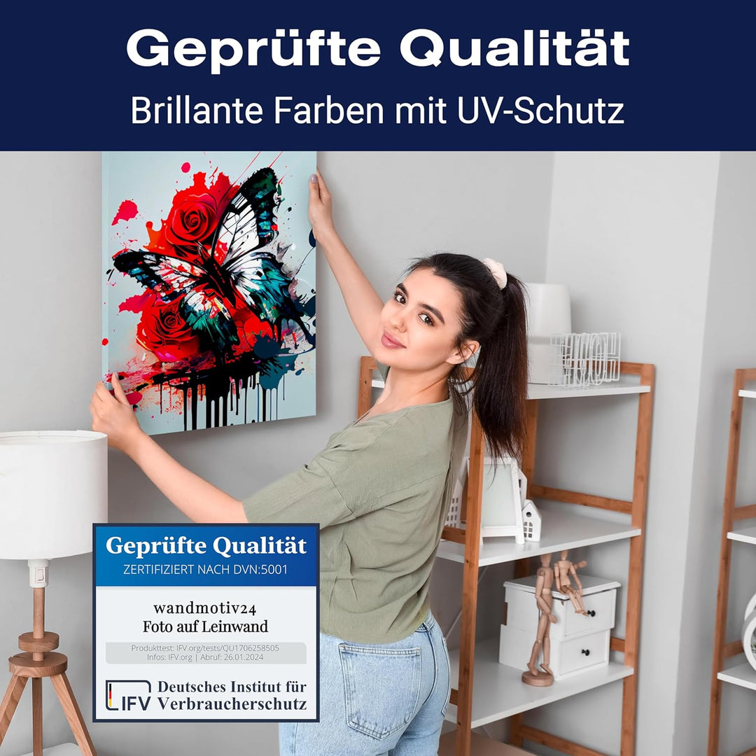 wandmotiv24 Leinwandbild Digital Art, 40x30cm, Hochformat, Schmetterling, Rosen, Deko, Bilder auf Le