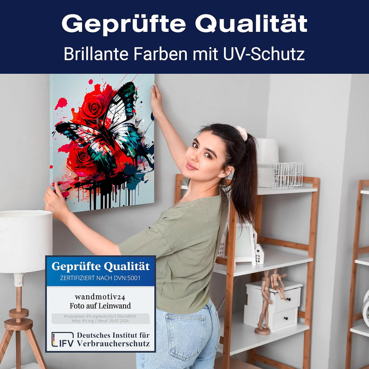wandmotiv24 Leinwandbild Digital Art, 40x30cm, Hochformat, Schmetterling, Rosen, Deko, Bilder auf Le