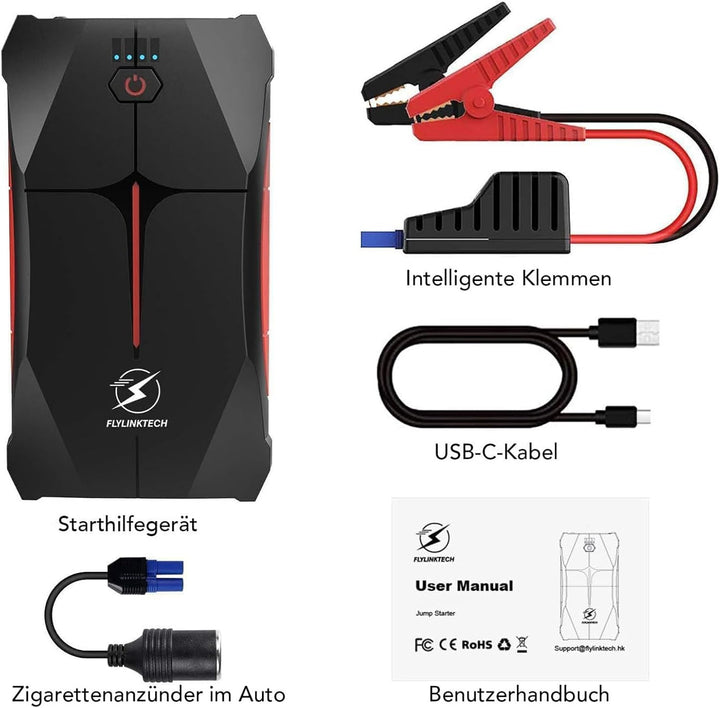 FLYLINKTECH Starthilfe Powerbank, 2500A Spitzstrom Tragbare Auto Starthilfe 12V für 6.0L Benzin und