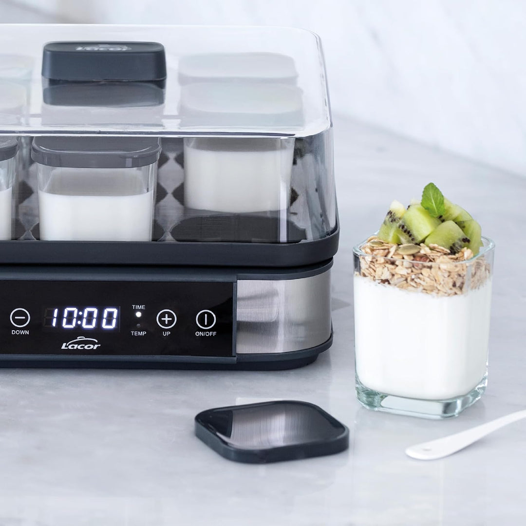 Lacor - 69438 - Joghurtbereiter, Klarglas, 9 Stück, Spülmaschinenfest, BPA-frei, Fassungsvermögen: 1