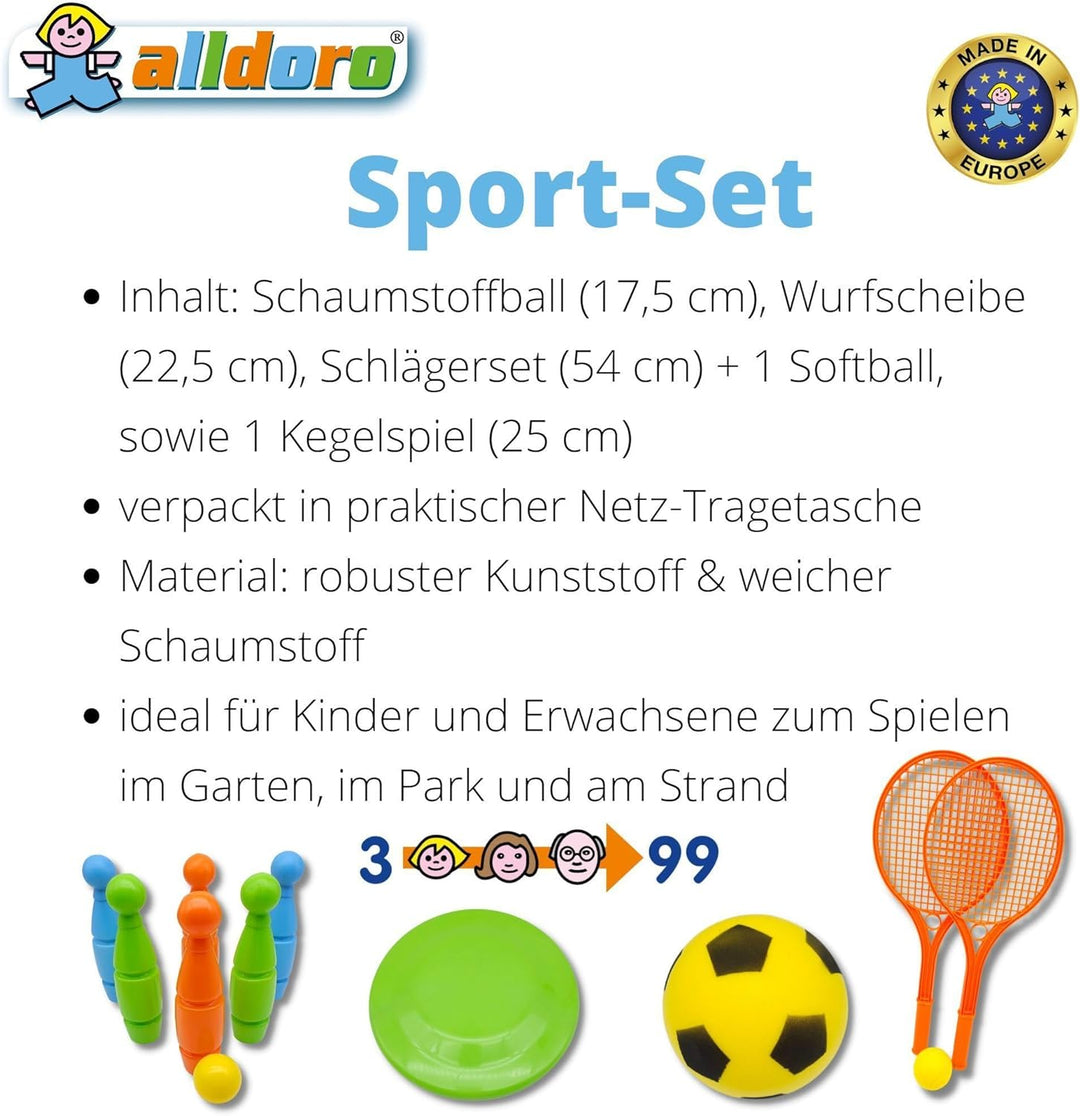 alldoro 60042 XXL-Outdoor-Spiel-Set, Kunststoff, mit Kegelspiel, Fussball, Wurfscheibe und Soft-Tenn
