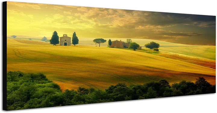 Paul Sinus Art Panoramabild auf Leinwand und Keilrahmen 120x40cm Toskana Landschaft Sonnenuntergang