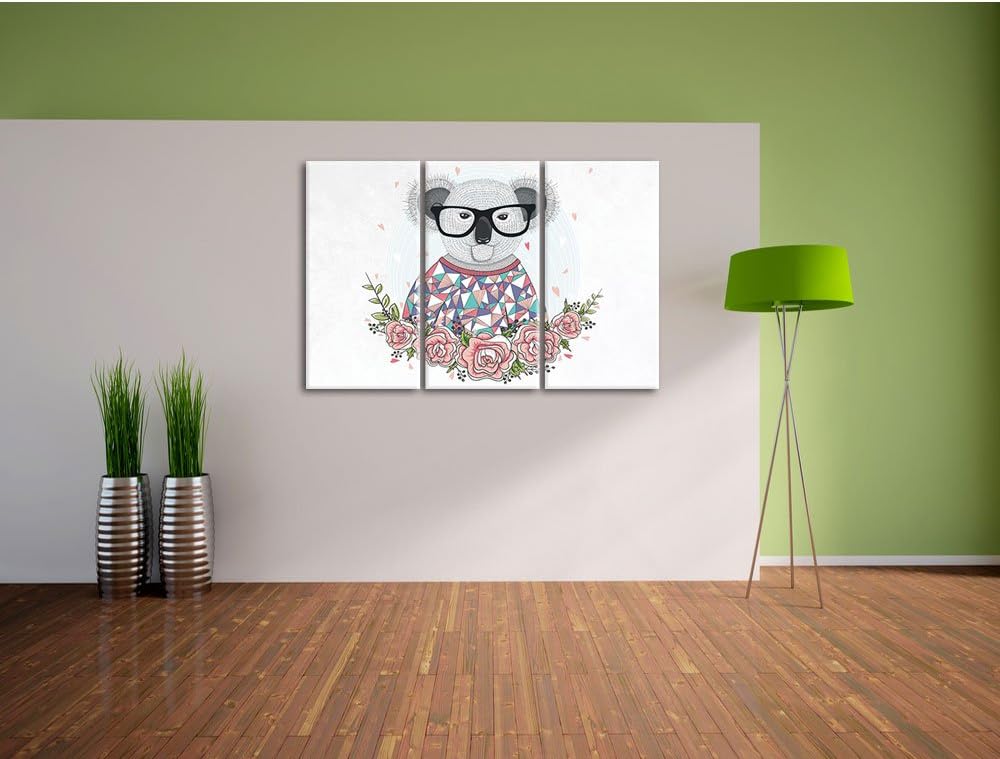 Pixxprint Hipster Koala mit Rosen weiss 3-Teiler Leinwandbild 120x80 Bild auf Leinwand