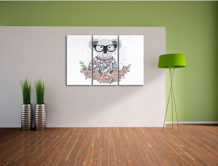 Pixxprint Hipster Koala mit Rosen weiss 3-Teiler Leinwandbild 120x80 Bild auf Leinwand