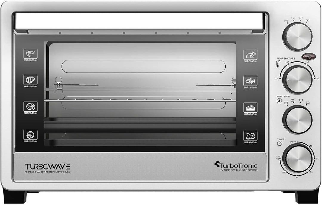 TurboTronic 30 L Elektrobackofen mit Grill, Umluft, Drehspiess & Timer | Kompakter Tischbackofen aus