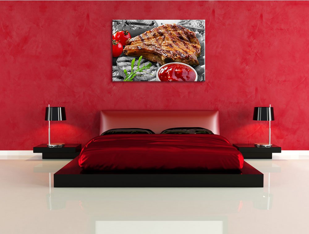 Saftiges Steak mit Grillkäse schwarz/weiss Format: 100x70 cm auf Leinwand, XXL riesige Bilder fertig