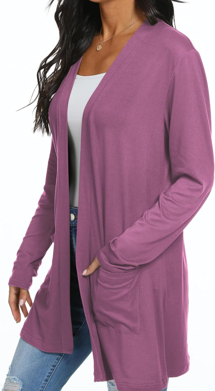 QIXING Casual Leichte Strickjacke Damen Lang Elegant Dünne Strickjacke Lange Ärmel mit Taschen Open