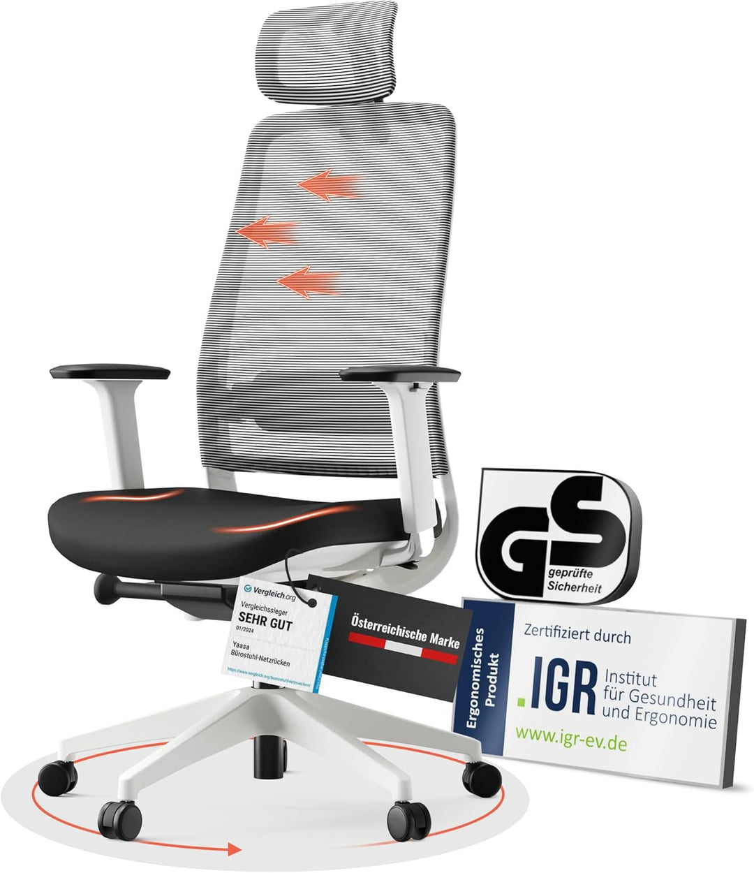 Yaasa Chair Expert Bürostuhl ergonomisch, Schreibtischstuhl verstellbare Kopfstütze, 4D-Armlehnen, L