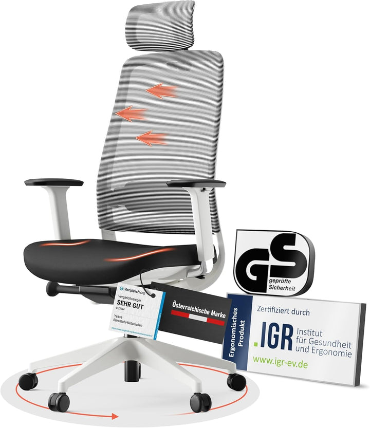 Yaasa Chair Expert Bürostuhl ergonomisch, Schreibtischstuhl verstellbare Kopfstütze, 4D-Armlehnen, L