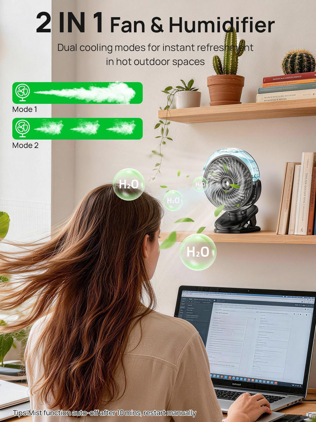 Clip Ventilator Mit Wasserkühlung, 6000mAh Ventilator Akku Aufladbar, Mini Tragbarer USB Tischventil