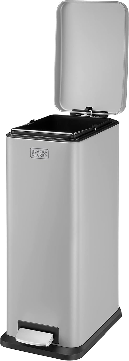 BLACK+DECKER BXBN00014E Slimline Treteimer mit sanft schliessendem Deckel, Edelstahl, 56 x 22 x 36 c