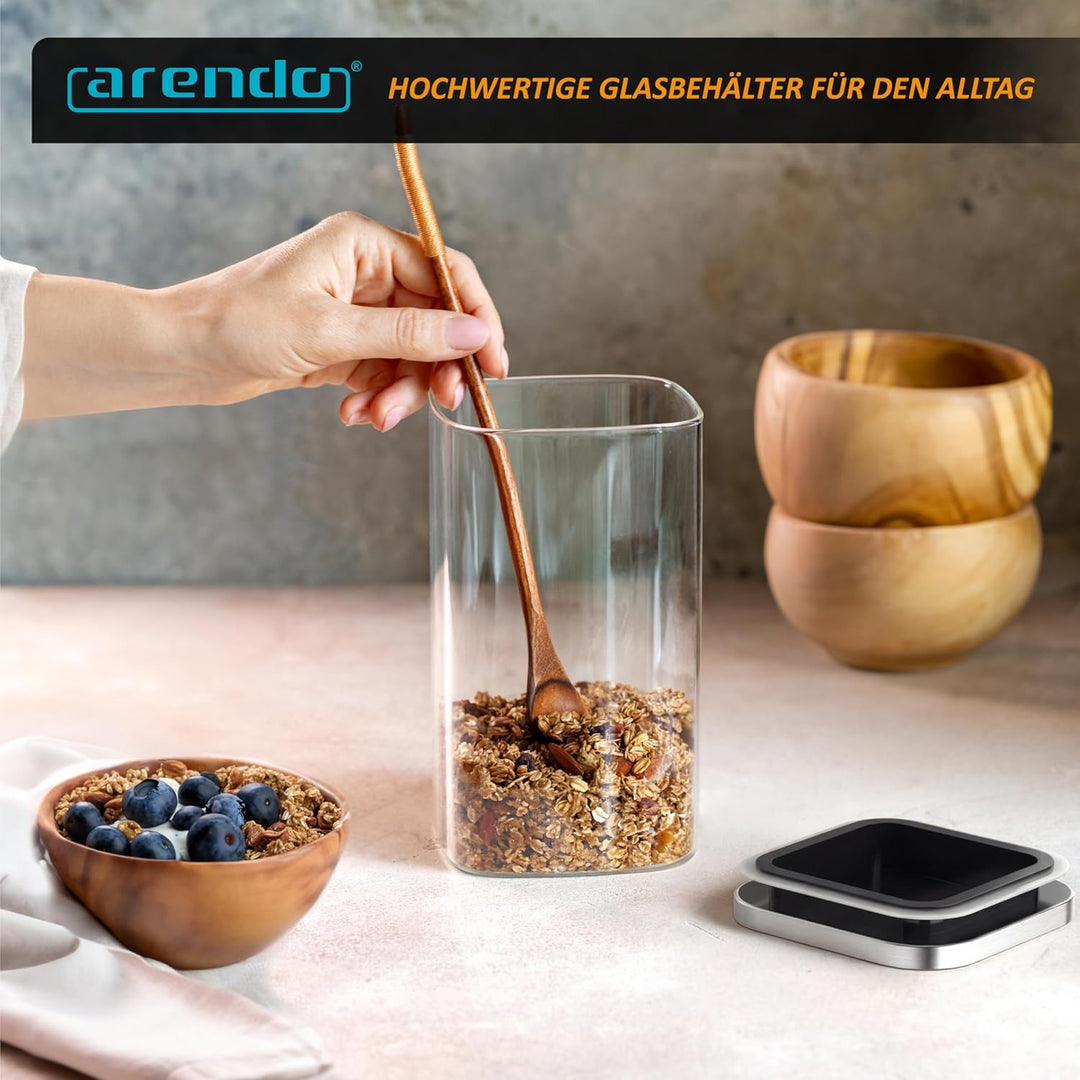 Arendo - Vorratsbehälter 1650ml mit Deckel Edelstahl - 6er Set - Behälter aus Glas – hitzebeständig