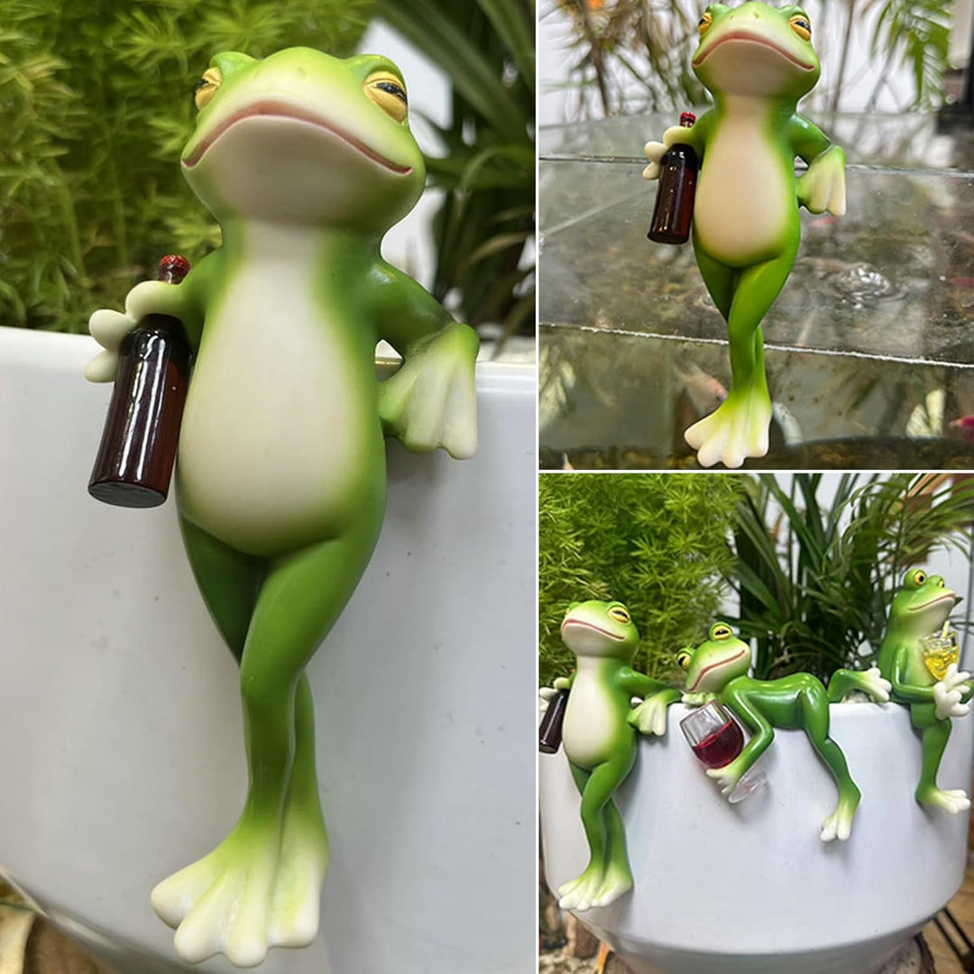 DZAY 3 Stück Blumentopf Hänger Frösche Deko Figuren mit Weinglas,Frosch Deko Frösche Tiere Harz Stat