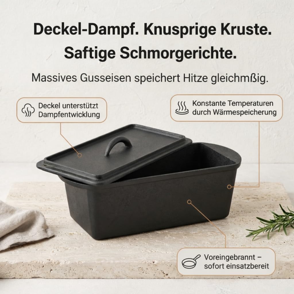 Homira Gusseisen Brotbackform mit Deckel – Voreingebrannt, Backofenfest, Für knuspriges Brot Gusseis